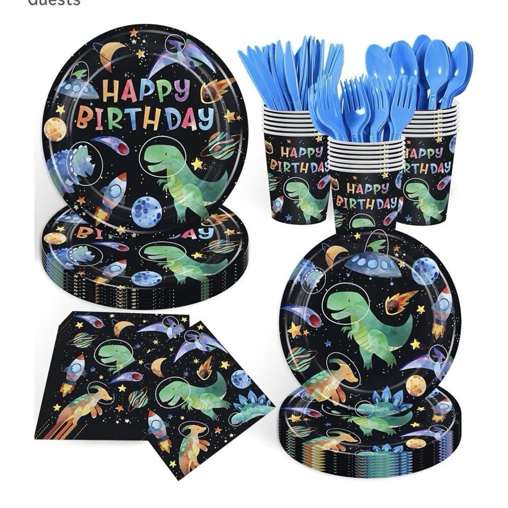 NEW 168PCS Space Dinosaur Boy Birthday Party Supplies Tableware Set 24 Guests